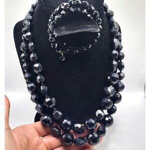Vintage 60s Faceted Black Necklace And Earrings 25in